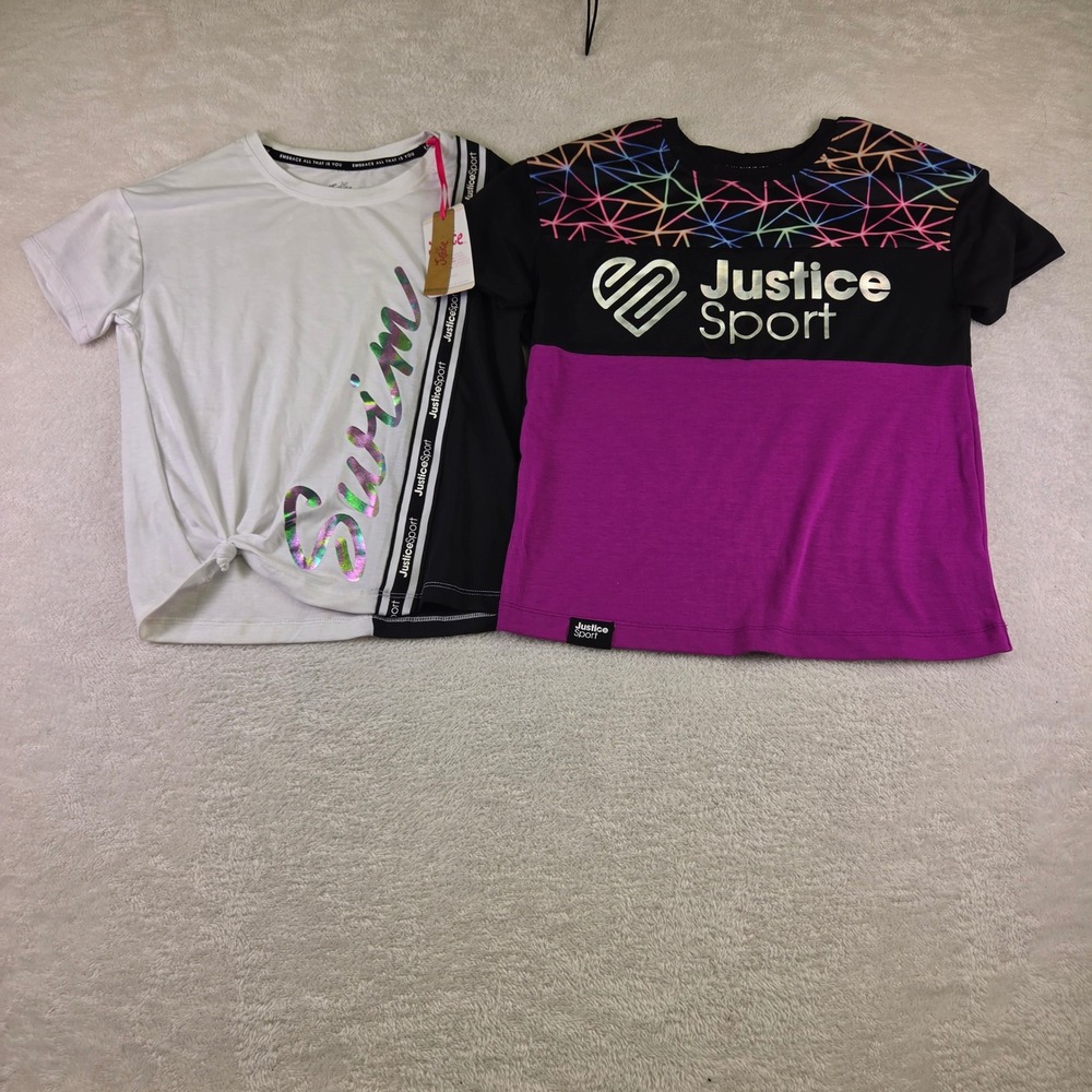 Justice Sport Girls 2PC Activewear Set White Purple Shine Graphic Tees Size M 10